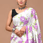 Purple Floral Handblock Printed Cotton Mulmul Saree with Blouse Piece