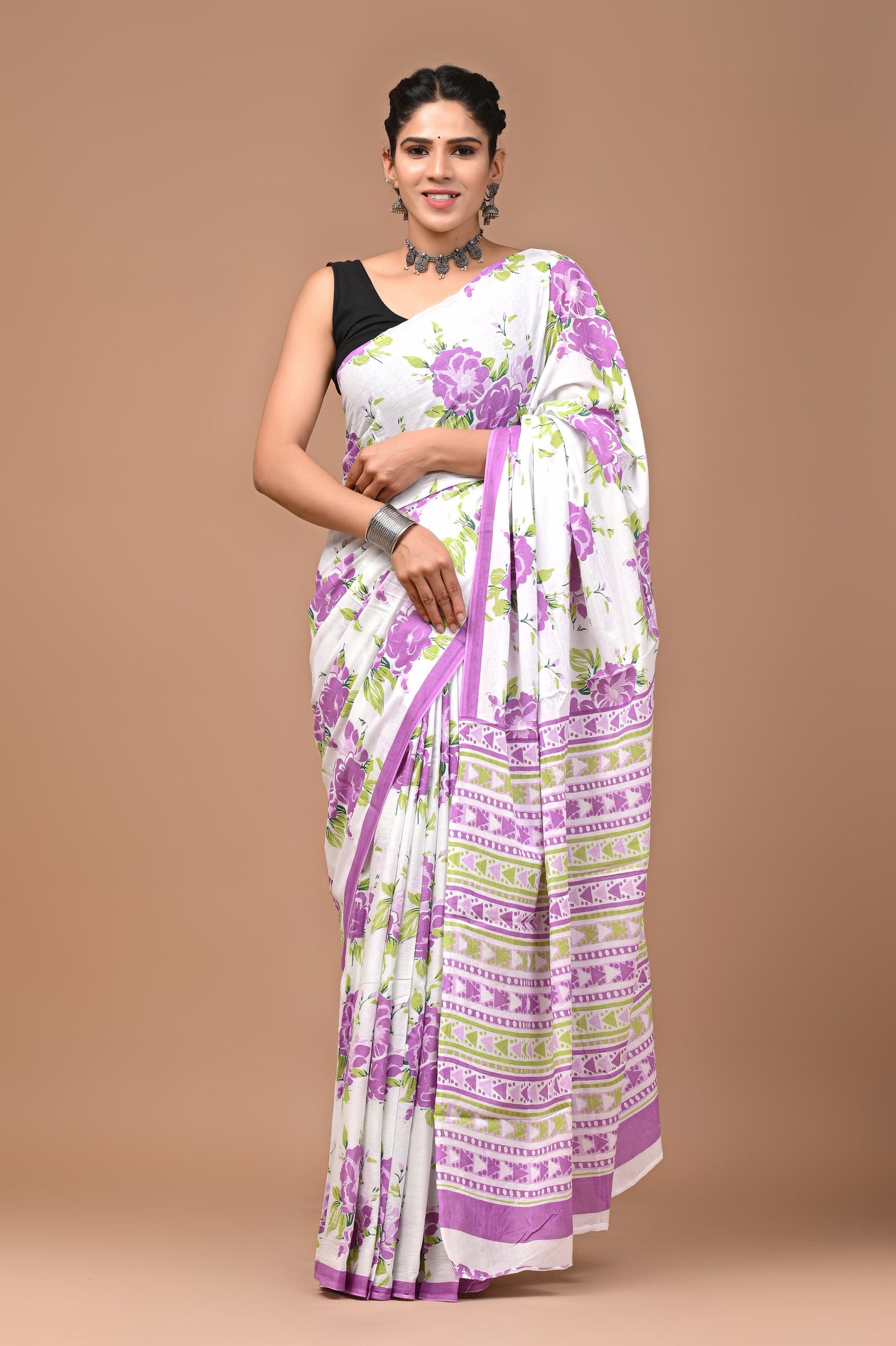 Purple Floral Handblock Printed Cotton Mulmul Saree with Blouse Piece