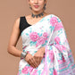 Pink Floral Handblock Printed Cotton Mulmul Saree with Blouse Piece