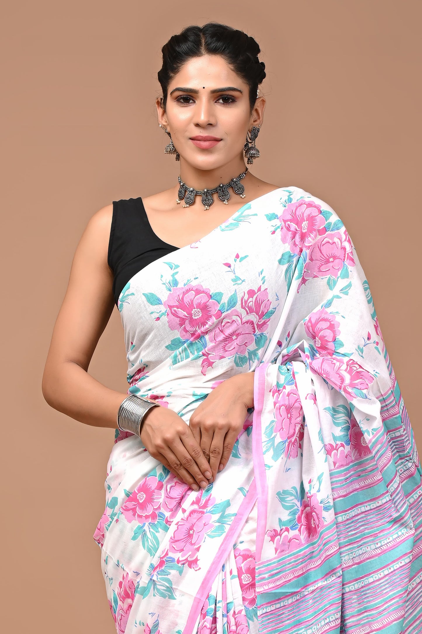 Pink Floral Handblock Printed Cotton Mulmul Saree with Blouse Piece