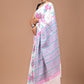 Pink Floral Handblock Printed Cotton Mulmul Saree with Blouse Piece