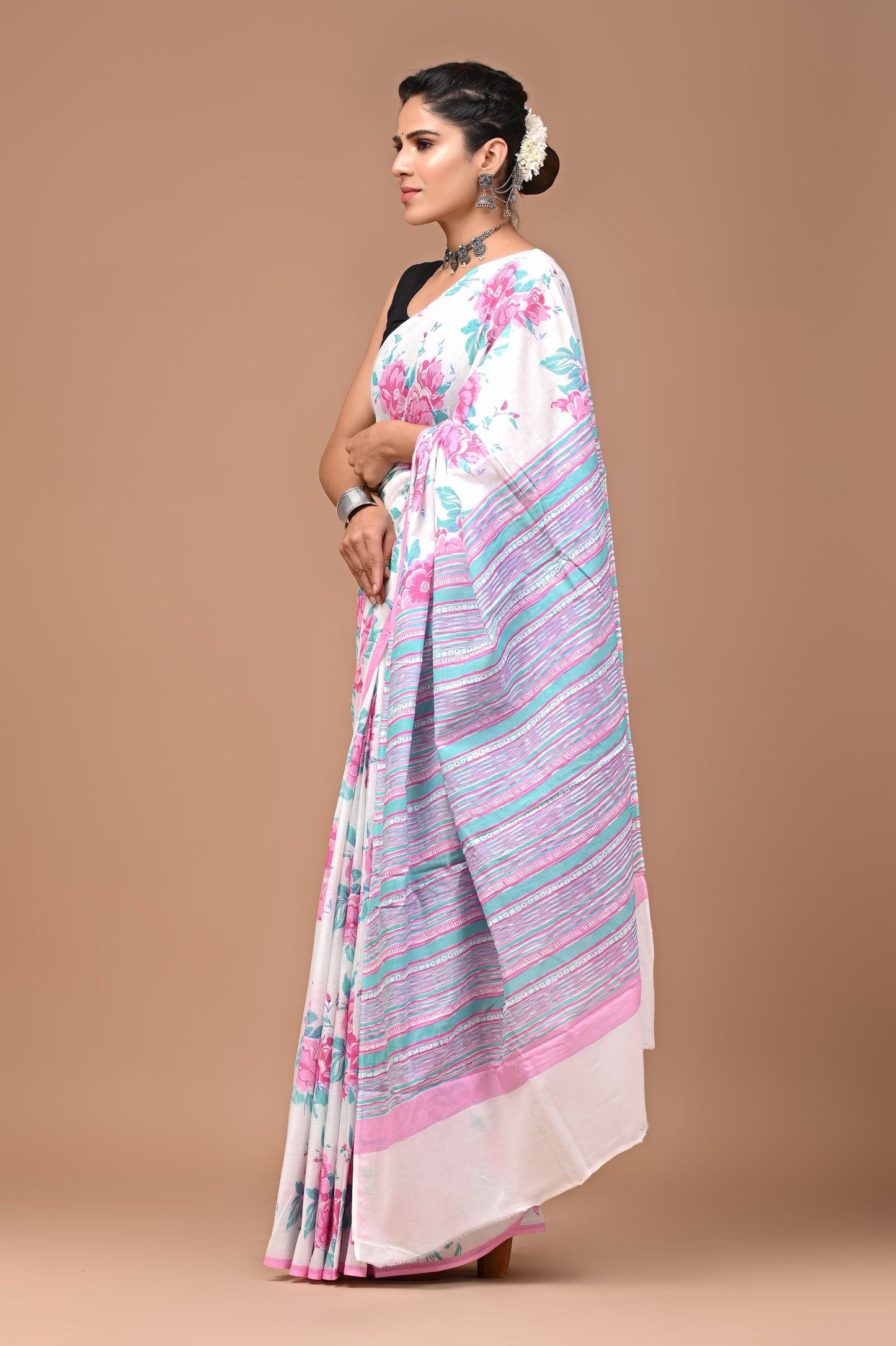Pink Floral Handblock Printed Cotton Mulmul Saree with Blouse Piece
