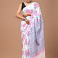 Pink Floral Handblock Printed Cotton Mulmul Saree with Blouse Piece