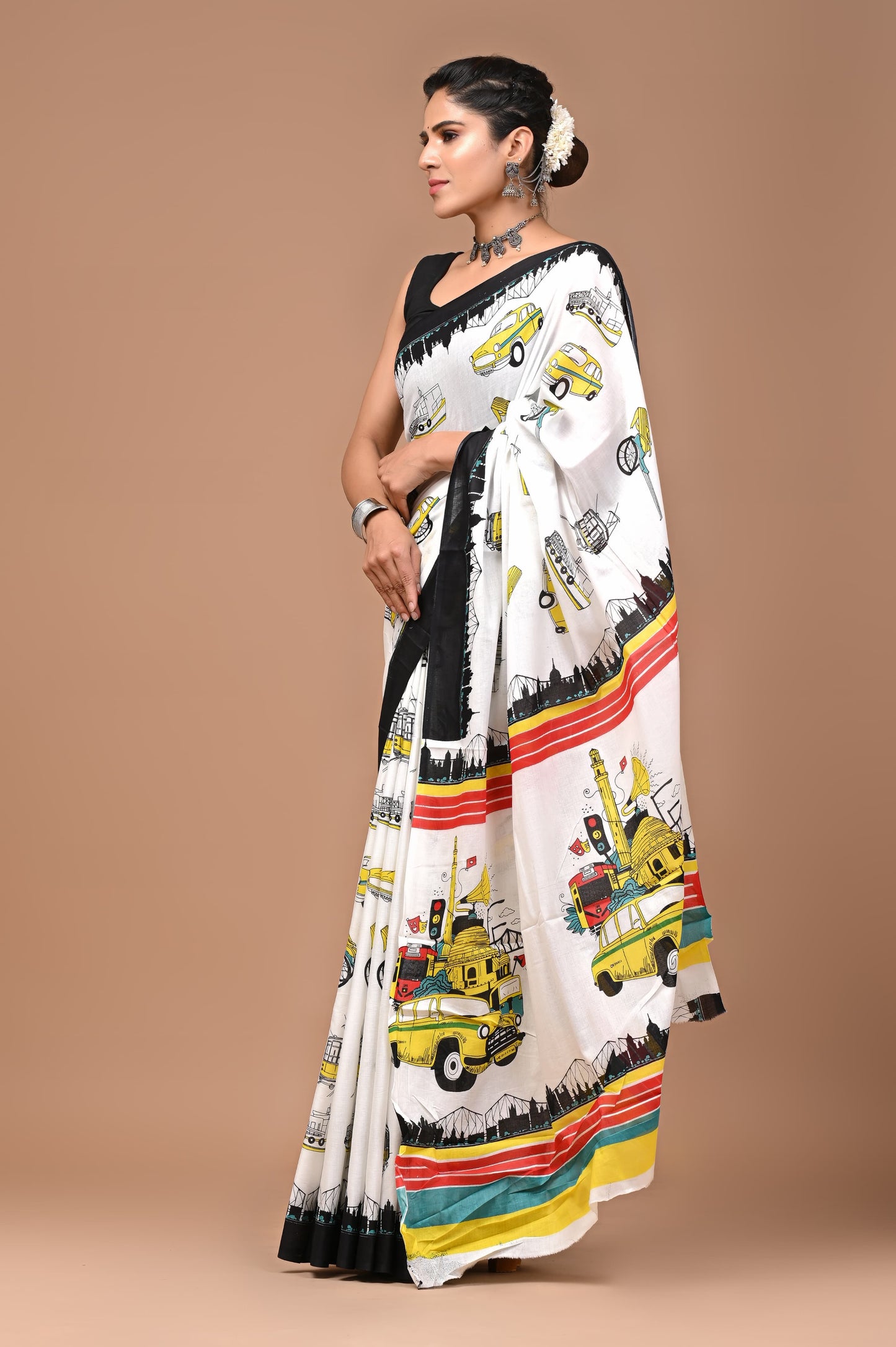 Car Print Handblock Printed Cotton Mulmul Saree with Blouse Piece