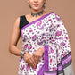 Purple Floral Handblock Printed Cotton Mulmul Saree with Blouse Piece