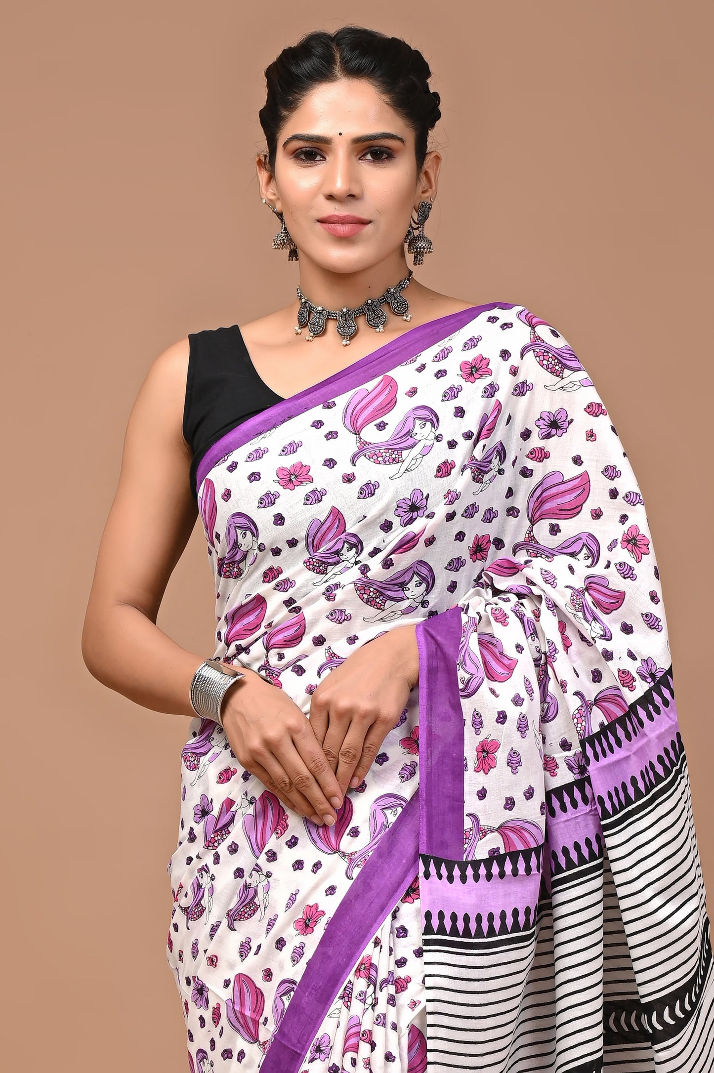 Purple Floral Handblock Printed Cotton Mulmul Saree with Blouse Piece