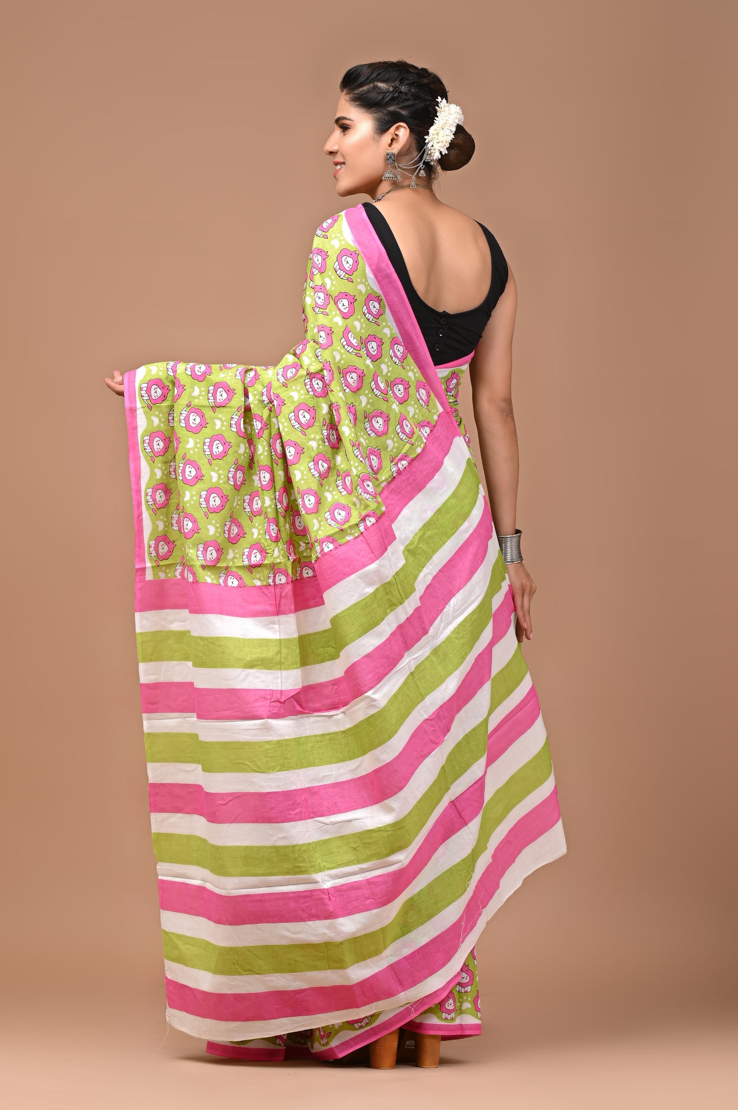 Kids Lion Handblock Printed Cotton Mulmul Saree with Blouse Piece