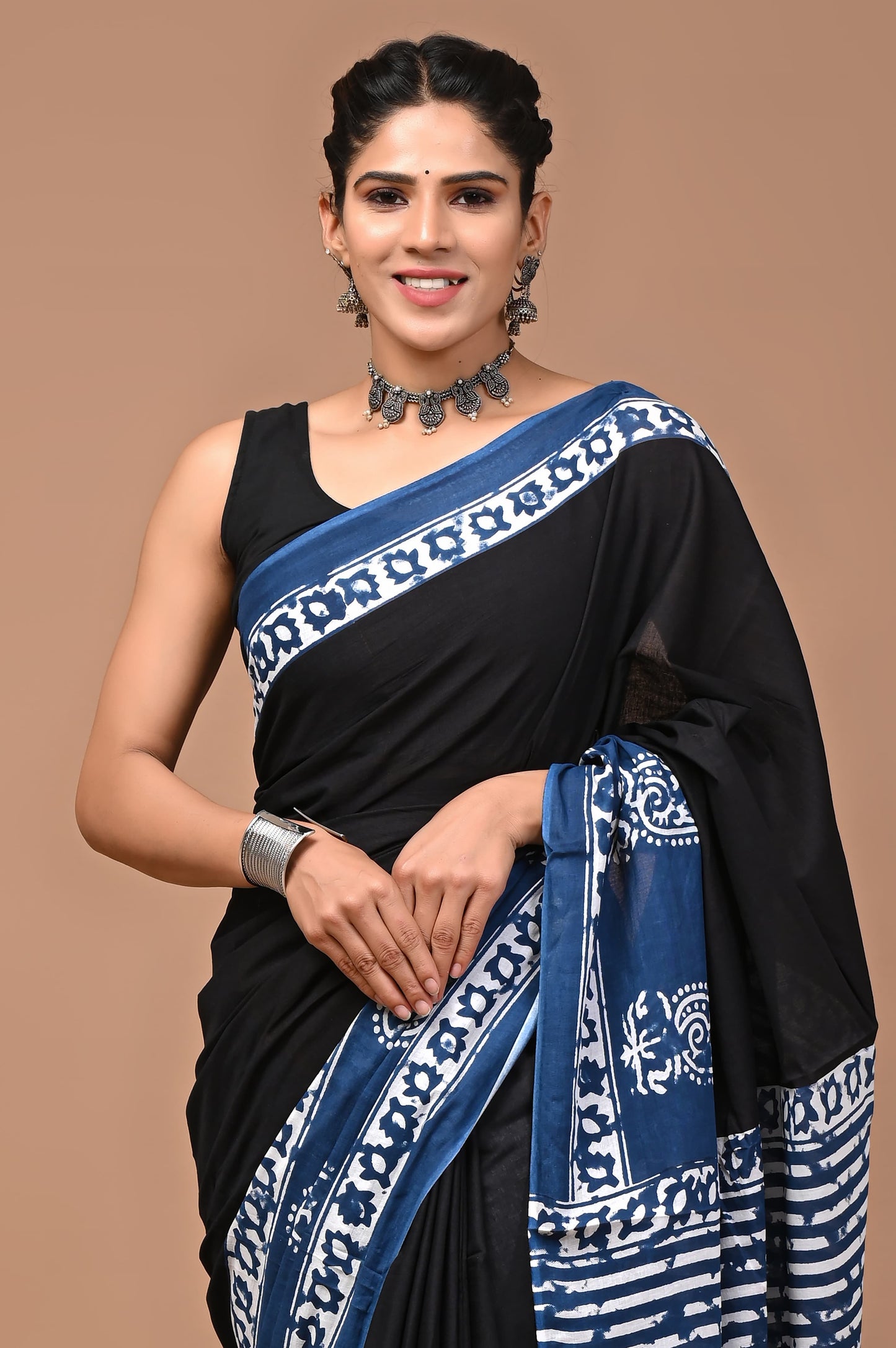 Pink & Blue Handblock Printed Cotton Mulmul Saree with Blouse Piece