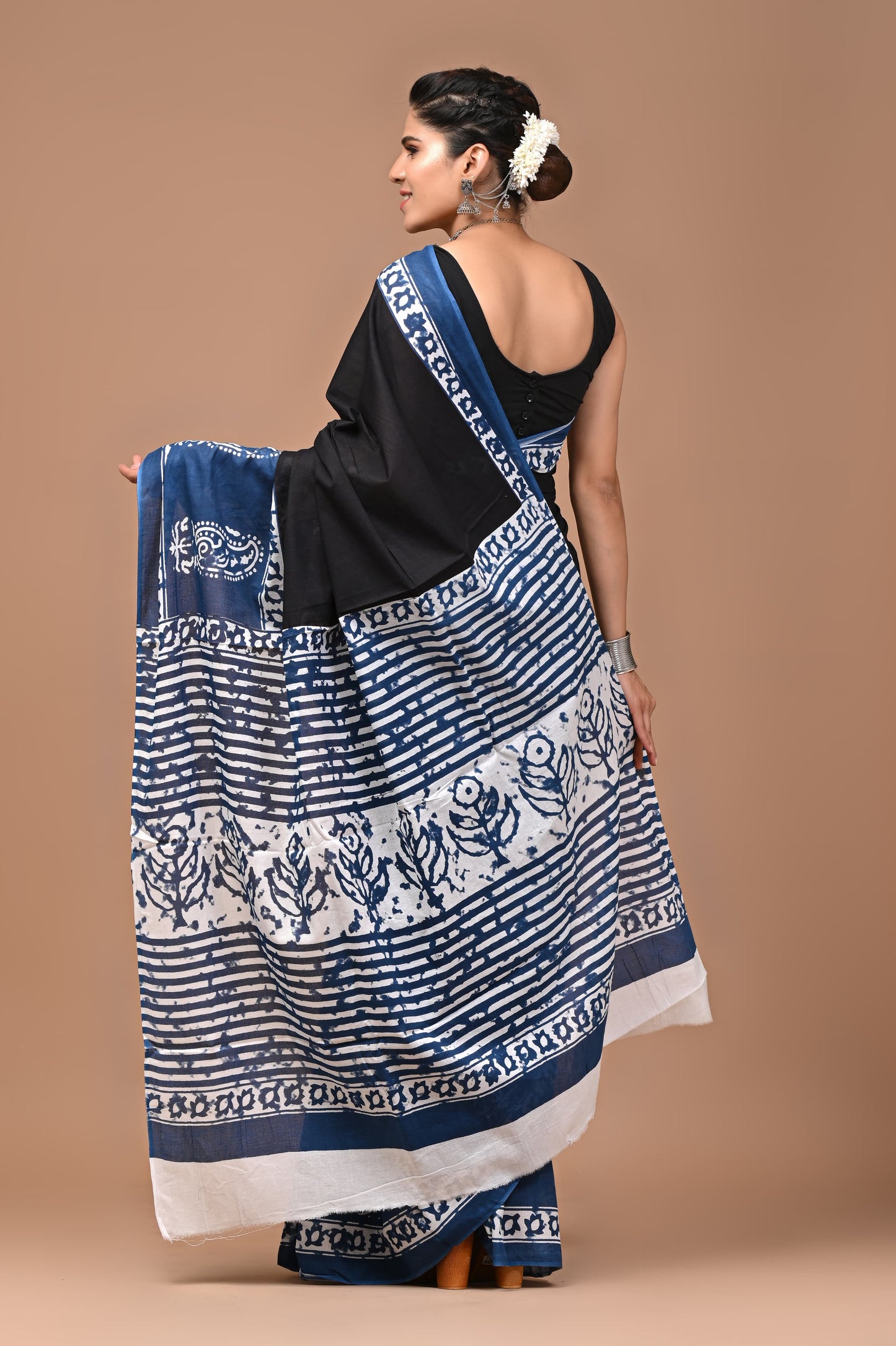 Pink & Blue Handblock Printed Cotton Mulmul Saree with Blouse Piece