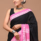 Pink & Black Handblock Printed Cotton Mulmul Saree with Blouse Piece