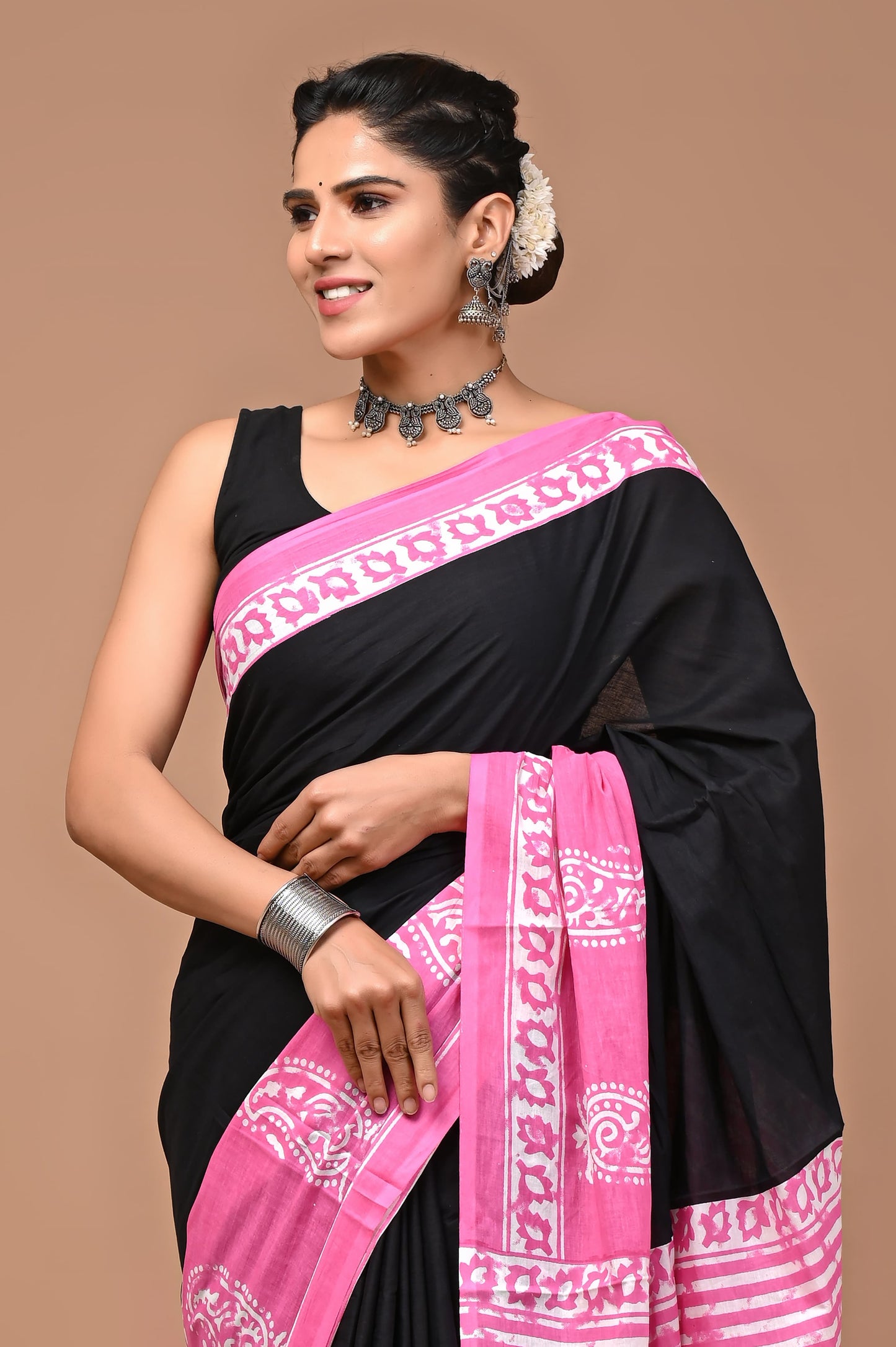 Pink & Black Handblock Printed Cotton Mulmul Saree with Blouse Piece