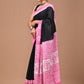 Pink & Black Handblock Printed Cotton Mulmul Saree with Blouse Piece