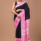 Pink & Black Handblock Printed Cotton Mulmul Saree with Blouse Piece