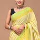 Musturd & Green Handblock Printed Cotton Mulmul Saree with Blouse Piece