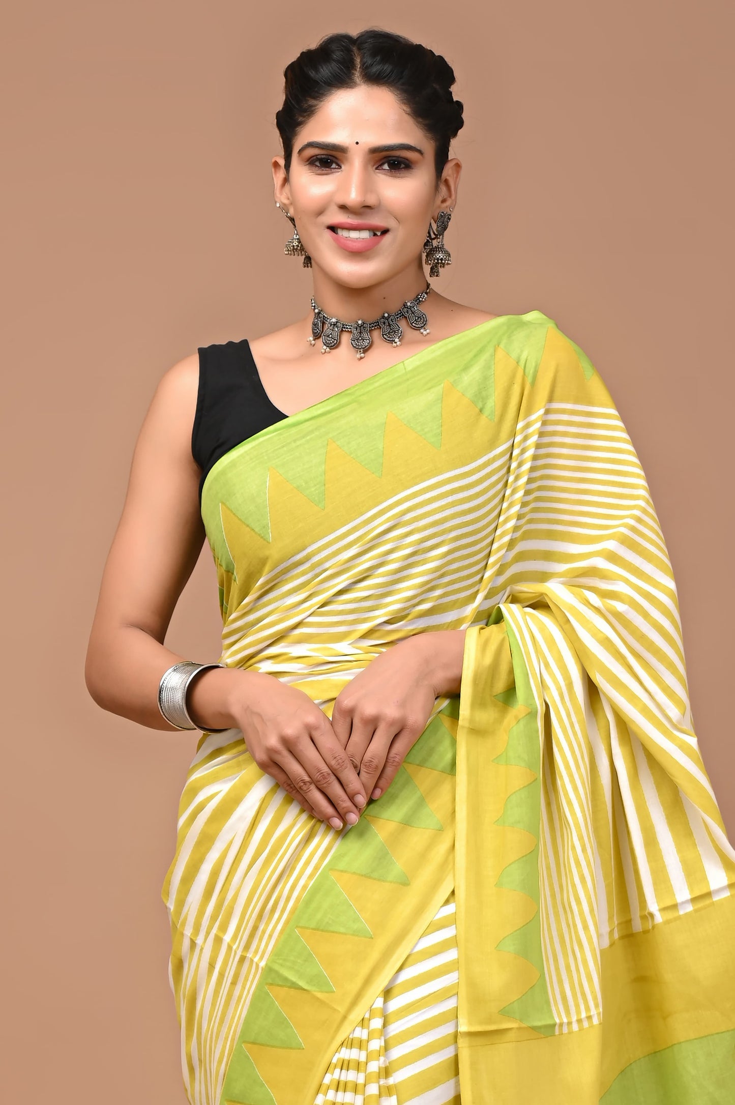 Musturd & Green Handblock Printed Cotton Mulmul Saree with Blouse Piece