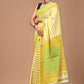 Musturd & Green Handblock Printed Cotton Mulmul Saree with Blouse Piece