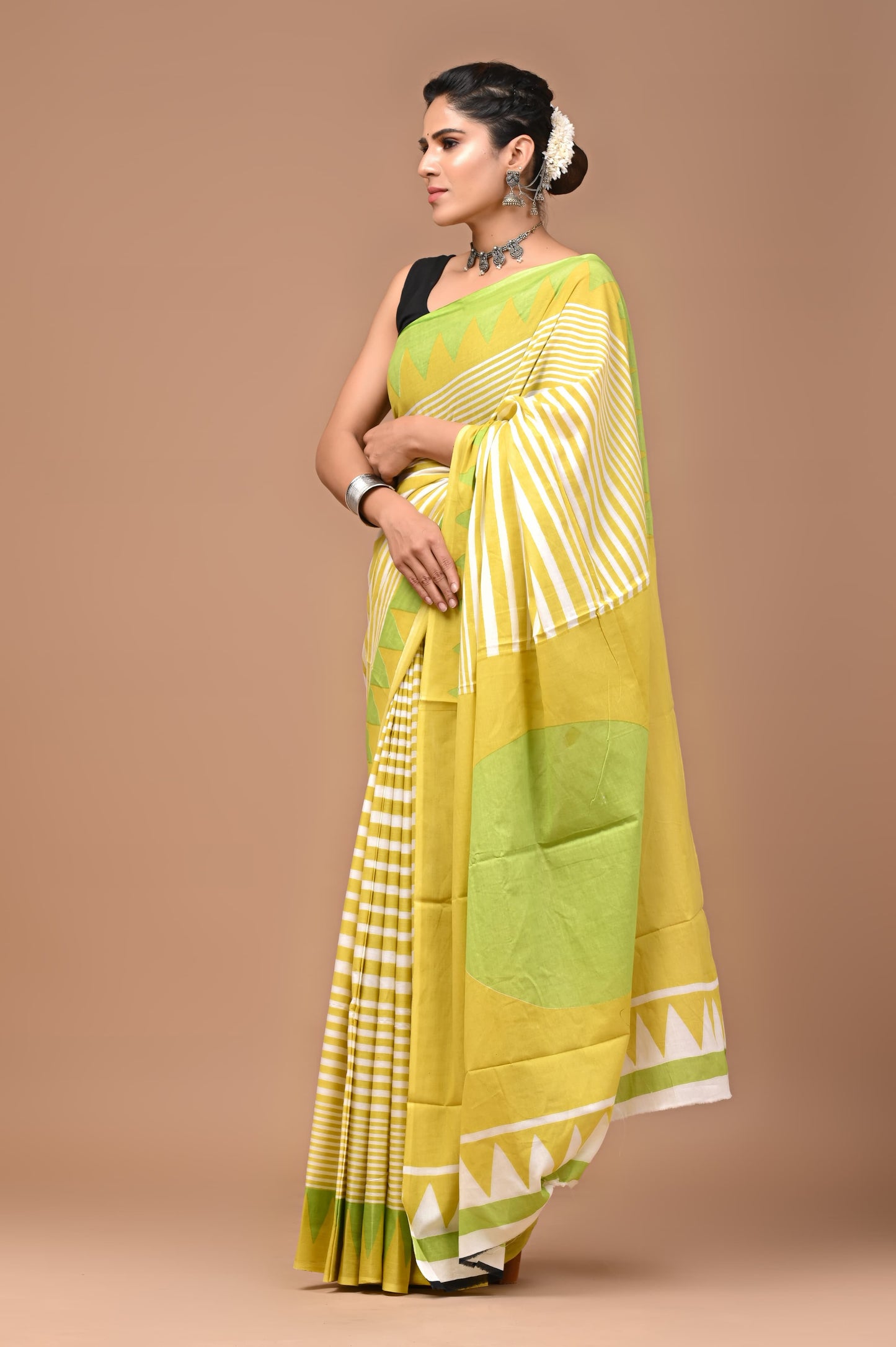 Musturd & Green Handblock Printed Cotton Mulmul Saree with Blouse Piece