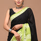 Black & Green Handblock Printed Cotton Mulmul Saree with Blouse Piece