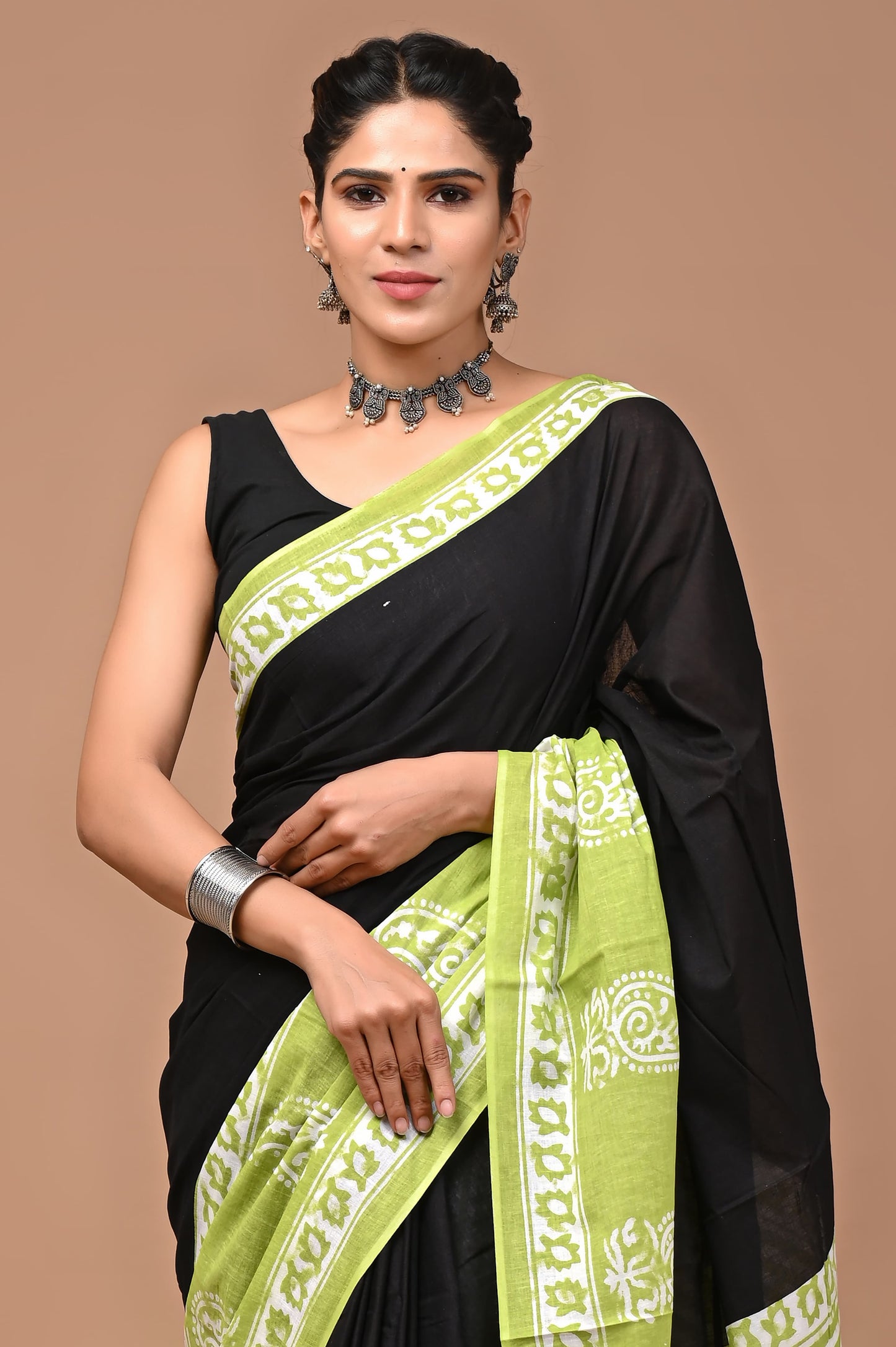 Black & Green Handblock Printed Cotton Mulmul Saree with Blouse Piece