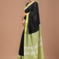 Black & Green Handblock Printed Cotton Mulmul Saree with Blouse Piece