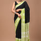 Black & Green Handblock Printed Cotton Mulmul Saree with Blouse Piece