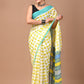 Yellow Elephant Handblock Printed Cotton Mulmul Saree with Blouse Piece