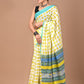 Yellow Elephant Handblock Printed Cotton Mulmul Saree with Blouse Piece