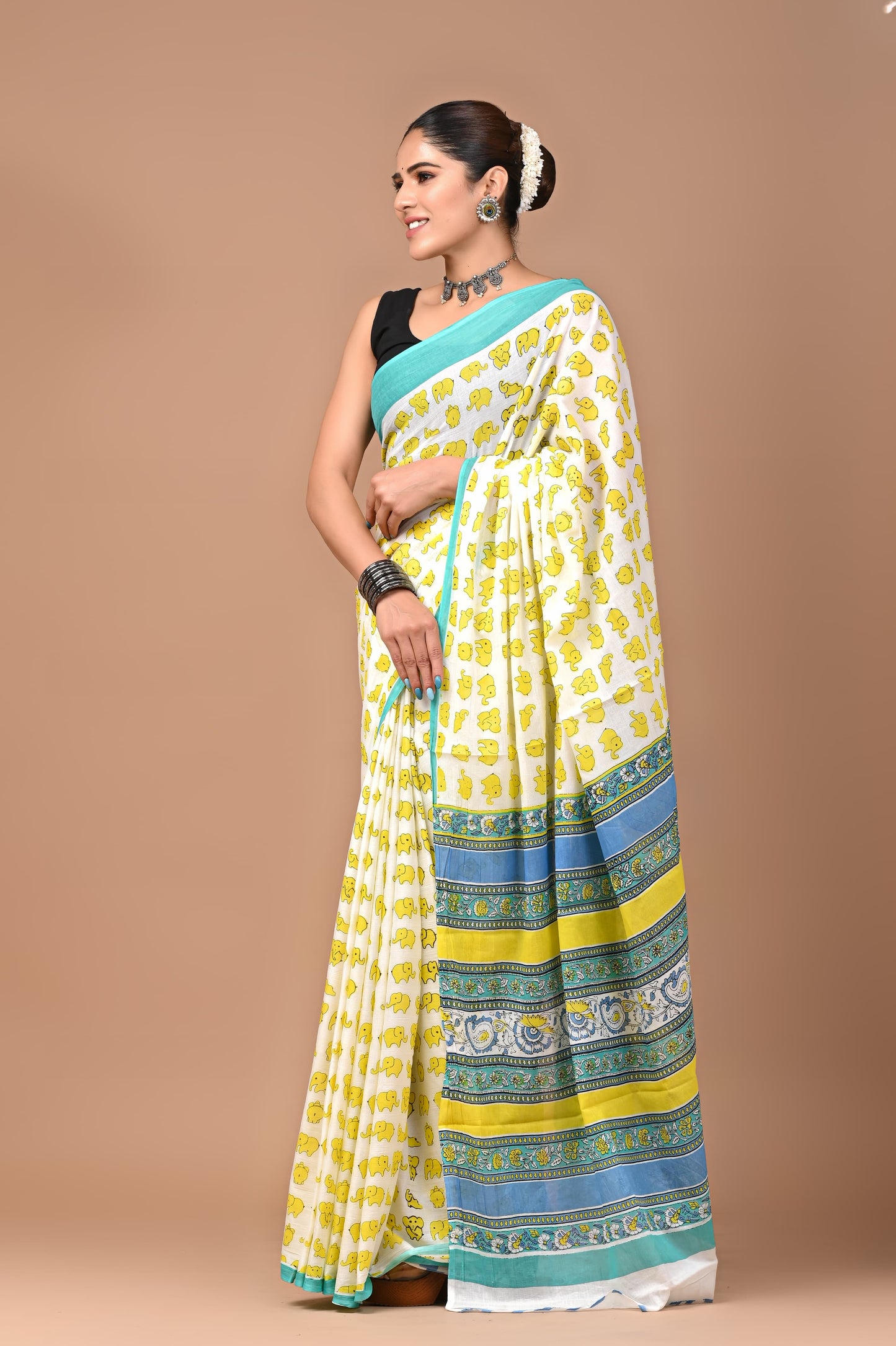 Yellow Elephant Handblock Printed Cotton Mulmul Saree with Blouse Piece
