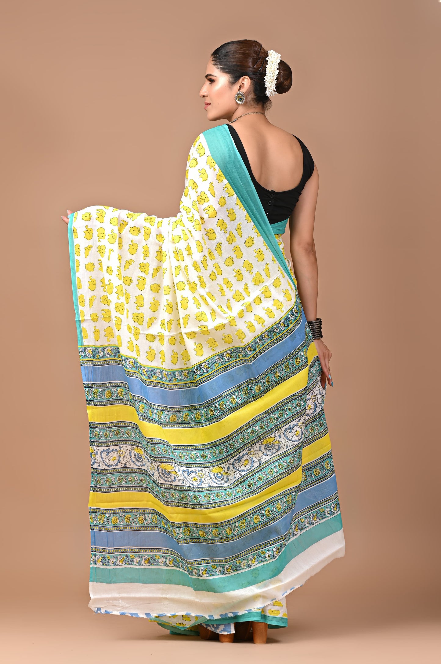 Yellow Elephant Handblock Printed Cotton Mulmul Saree with Blouse Piece