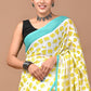 Yellow Elephant Handblock Printed Cotton Mulmul Saree with Blouse Piece