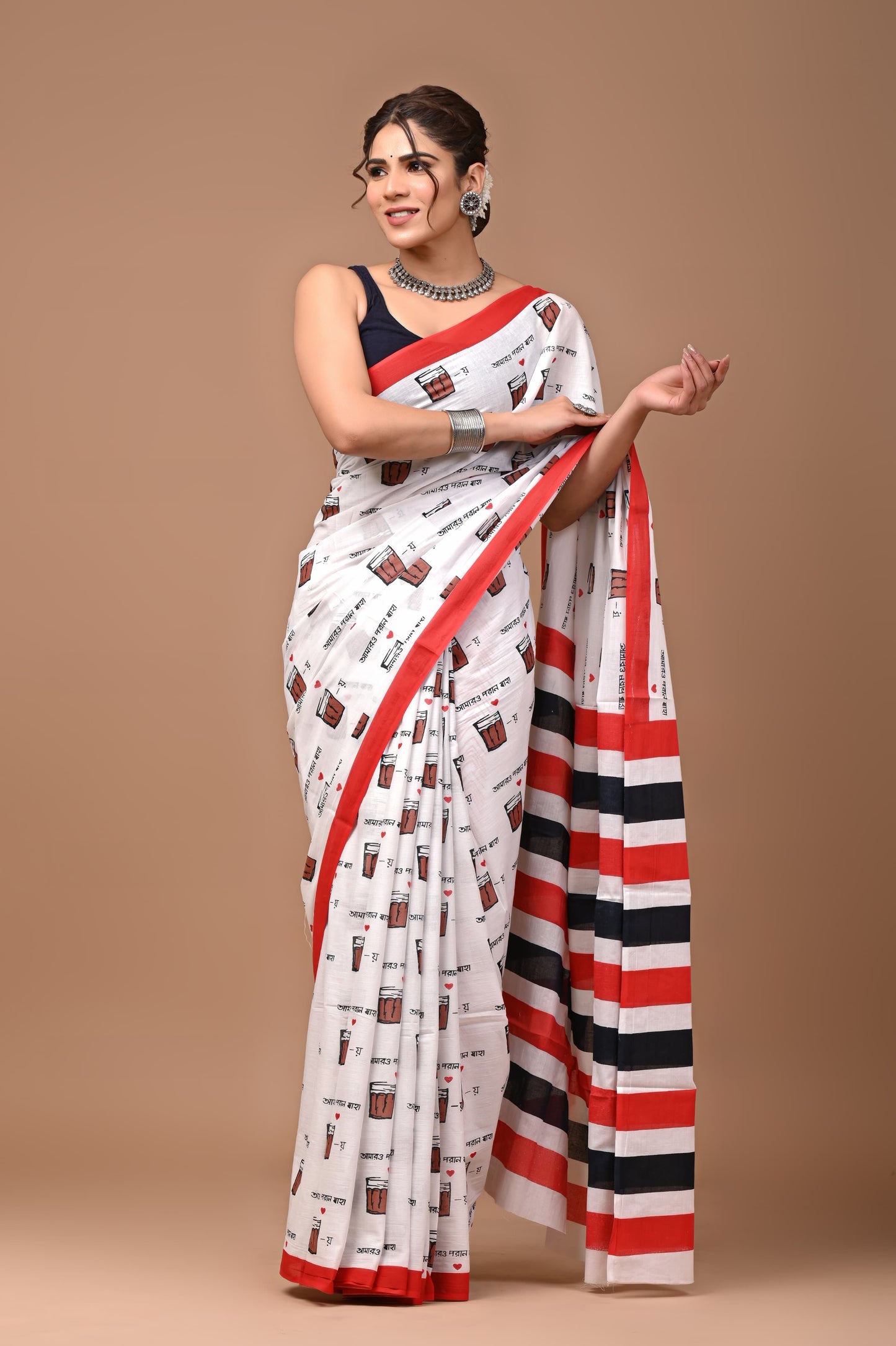 TEA Print Handblock Printed Cotton Mulmul Saree with Blouse Piece