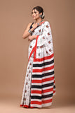 TEA Print Handblock Printed Cotton Mulmul Saree with Blouse Piece