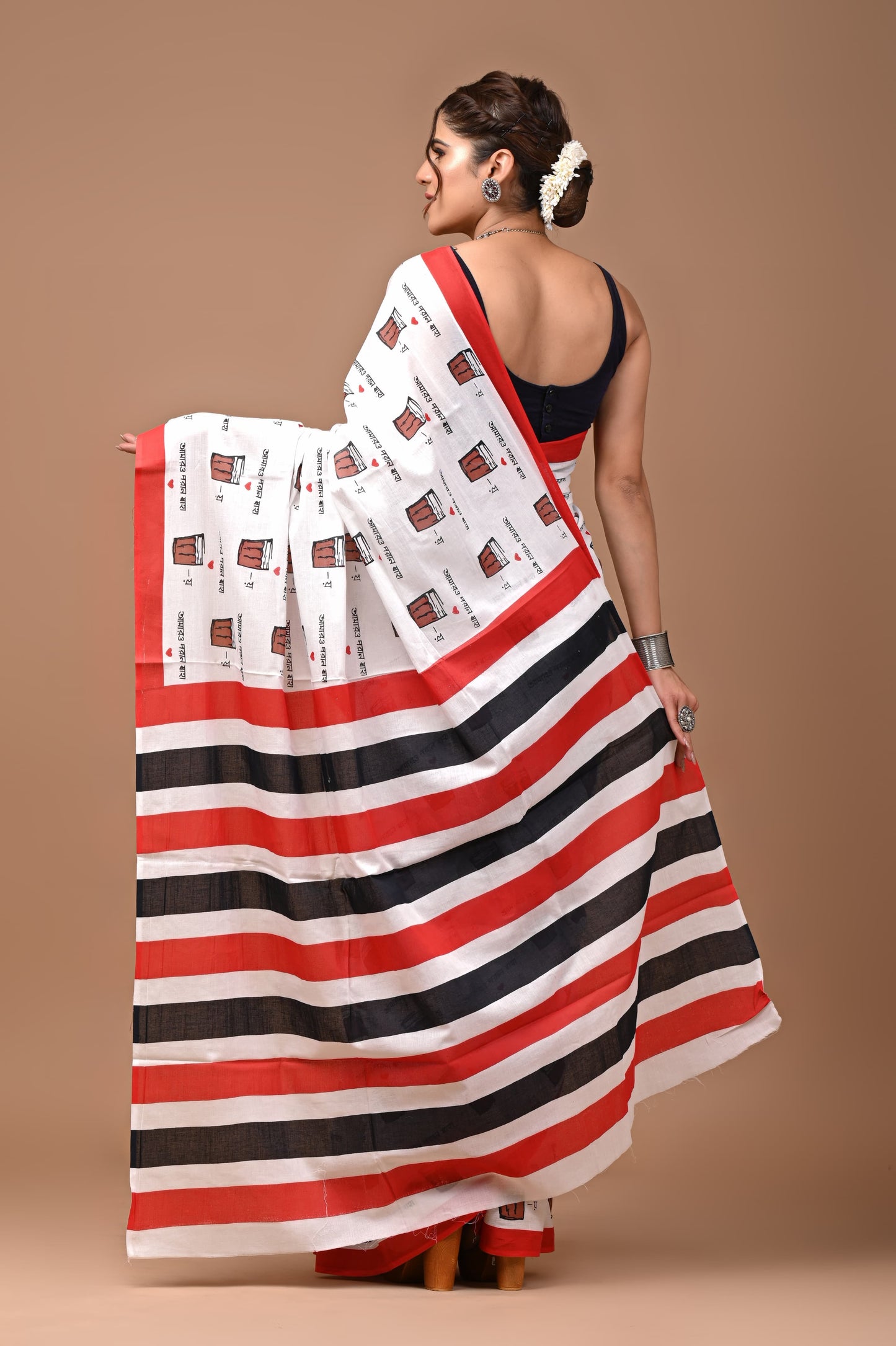 TEA Print Handblock Printed Cotton Mulmul Saree with Blouse Piece