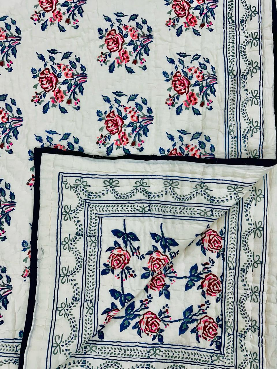 White Floral Hand Block Print Reversible Quilt