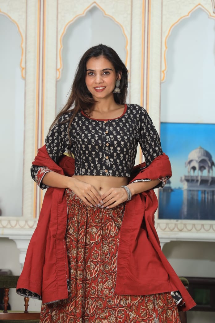 Bagru Handblock Printed CHANIYA CHOLI CROP TOP AND SKIRT WITH MULMUL DUPATTA