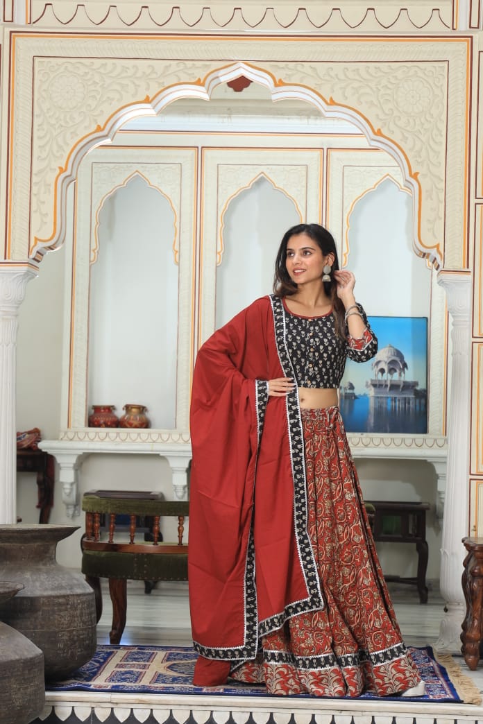 Bagru Handblock Printed CHANIYA CHOLI CROP TOP AND SKIRT WITH MULMUL DUPATTA