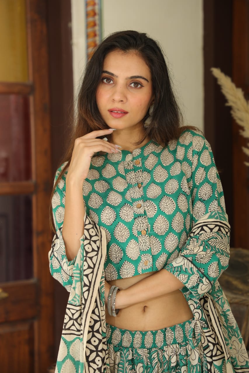 Bagru Handblock Printed CHANIYA CHOLI CROP TOP AND SKIRT WITH MULMUL DUPATTA