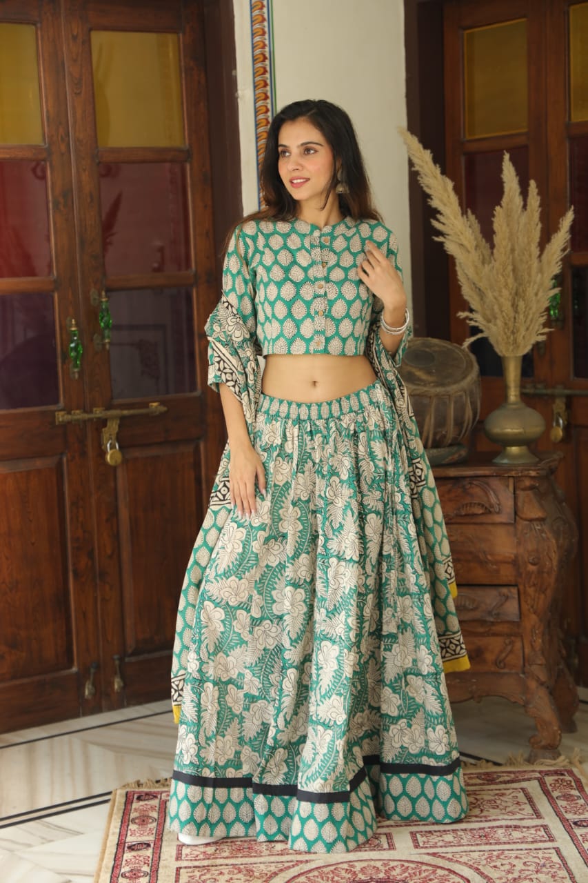 Bagru Handblock Printed CHANIYA CHOLI CROP TOP AND SKIRT WITH MULMUL DUPATTA