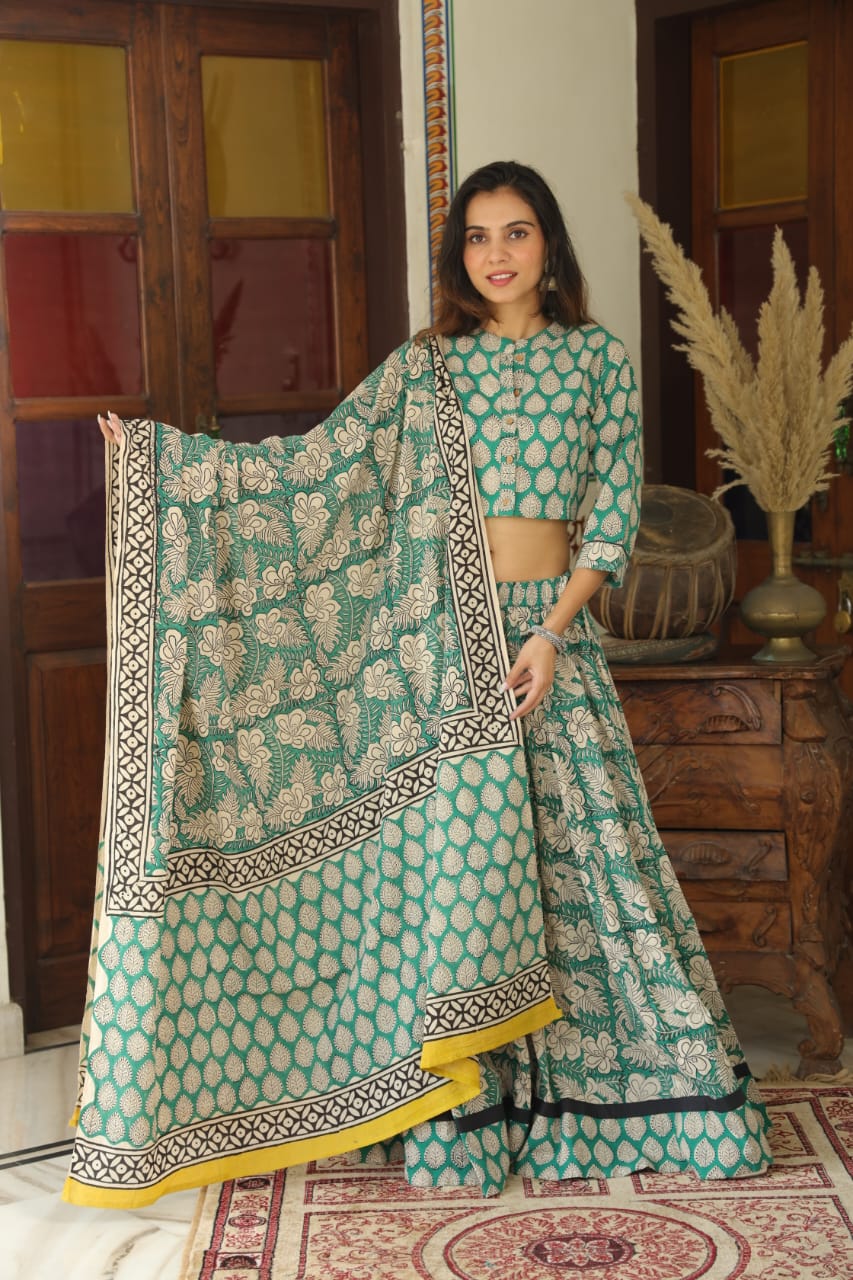 Bagru Handblock Printed CHANIYA CHOLI CROP TOP AND SKIRT WITH MULMUL DUPATTA
