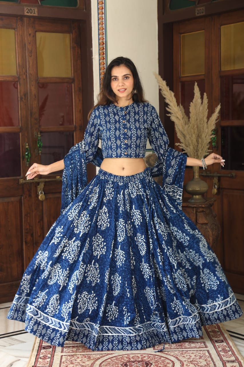 Bagru Handblock Printed CHANIYA CHOLI CROP TOP AND SKIRT WITH MULMUL DUPATTA