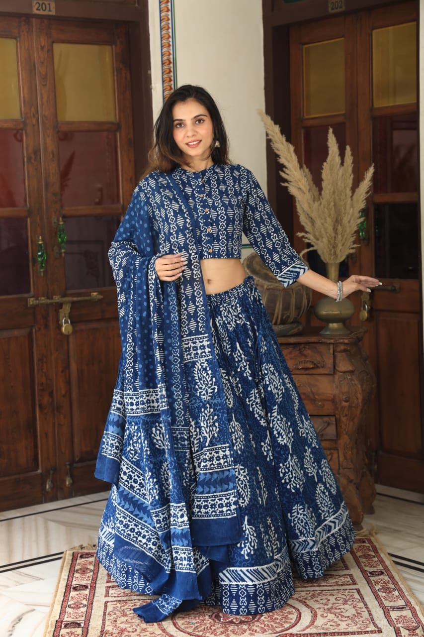 Bagru Handblock Printed CHANIYA CHOLI CROP TOP AND SKIRT WITH MULMUL DUPATTA