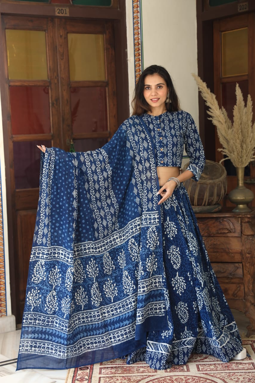 Bagru Handblock Printed CHANIYA CHOLI CROP TOP AND SKIRT WITH MULMUL DUPATTA