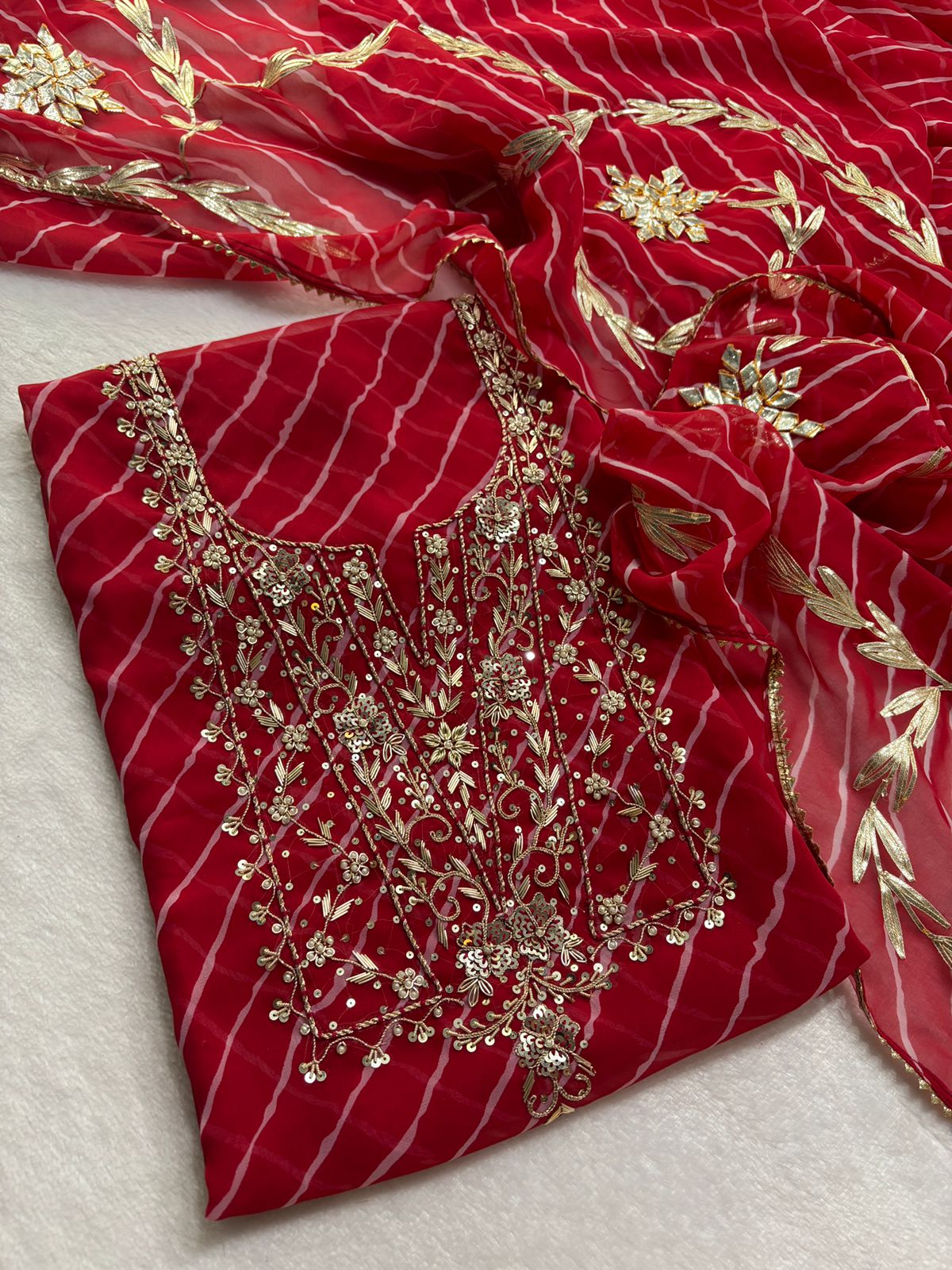 Teej Special Red Leheriya Georgette Suit with Heavy Hand Embroidery zardozi work | THE BHANKAR'S