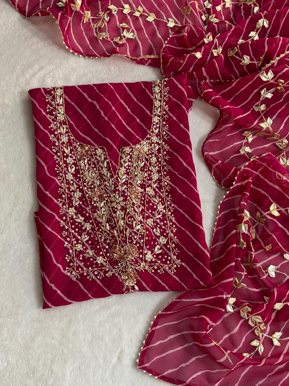 Magenta Suit, Georgette Suit, Leheriya Print, Hand Embroidery, Zardosi Work, Ethnic Wear, Festive Collection, THE BHANKAR'S, Designer Unstitched Suit, Indian Wedding Wear