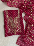 Magenta Suit, Georgette Suit, Leheriya Print, Hand Embroidery, Zardosi Work, Ethnic Wear, Festive Collection, THE BHANKAR'S, Designer Unstitched Suit, Indian Wedding Wear