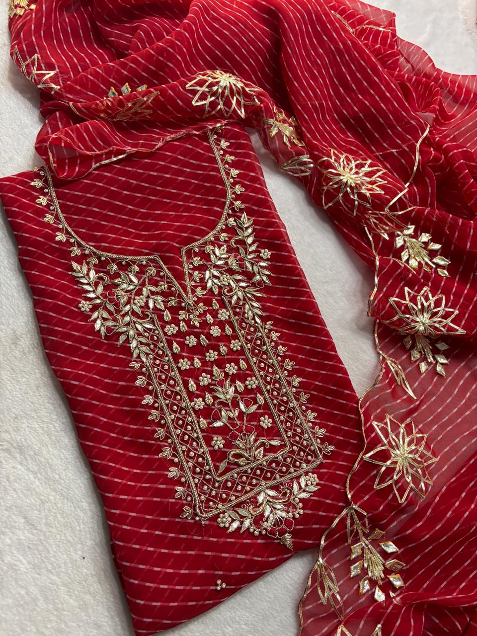 Teej Special Red Leheriya Georgette Suit with Heavy Hand Embroidery zardozi work | THE BHANKAR'S