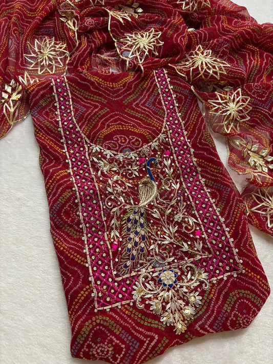 Teej Special Mahroon Bandhani Georgette Suit with Heavy Hand Embroidery zardozi work | THE BHANKAR'S