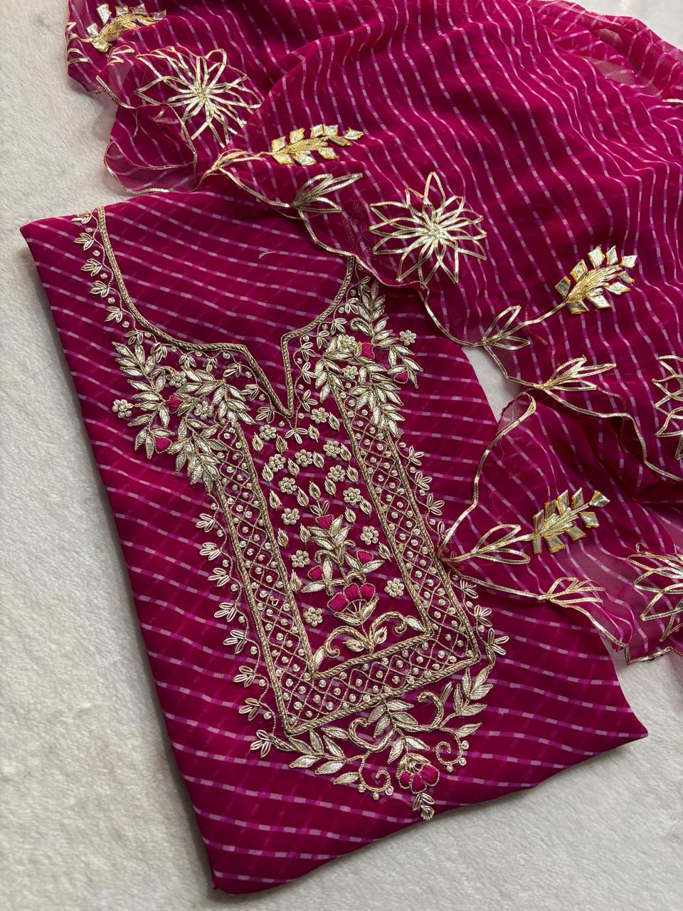 Festive Special Megenta Pink Leheriya Georgette Suit with Heavy Hand Embroidery zardozi work | THE BHANKAR'S