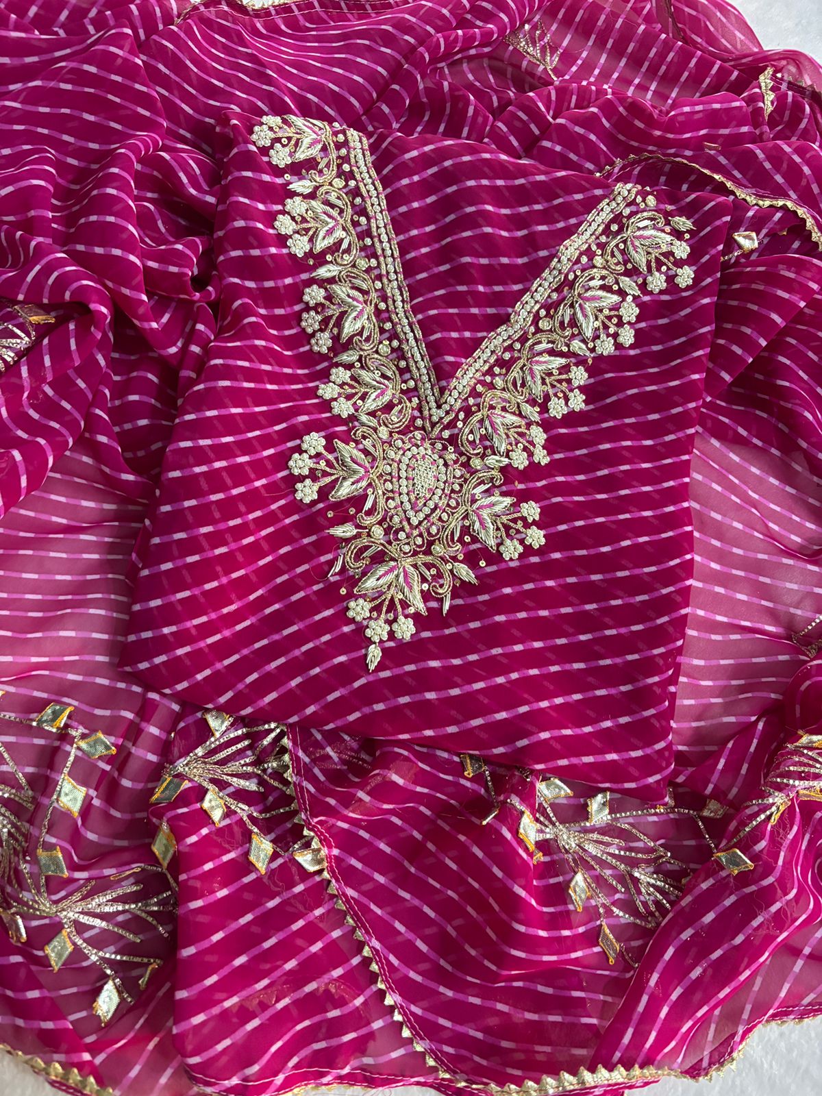 V Neck Megenta Pink Leheriya Georgette Suit with Heavy Hand Embroidery zardozi work | THE BHANKAR'S