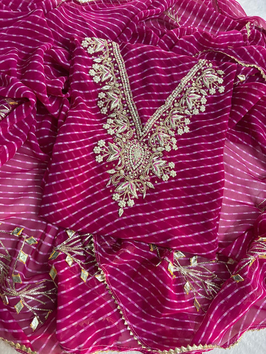 V Neck Megenta Pink Leheriya Georgette Suit with Heavy Hand Embroidery zardozi work | THE BHANKAR'S